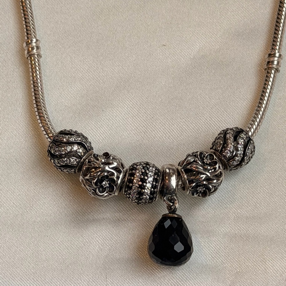 Pandora 19” Snake Chain Necklace Lobster Claw w/ 6 Clear Black CZ Retire Charms
